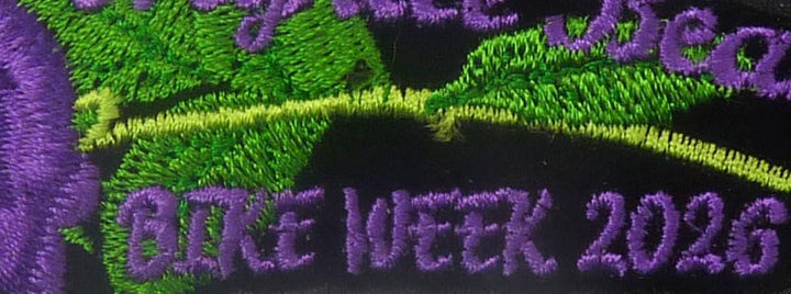 Myrtle Beach Bike Week 2026 Purple Rose Embroidered Patch — detail view 2