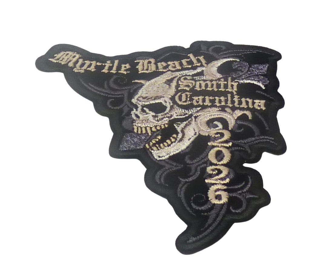Myrtle Beach South Carolina 2026 Embroidered Event Patch | Skull Design, Biker Style, Iron-On Patch, Gothic Lettering, Souvenir Collectible — detail view 1