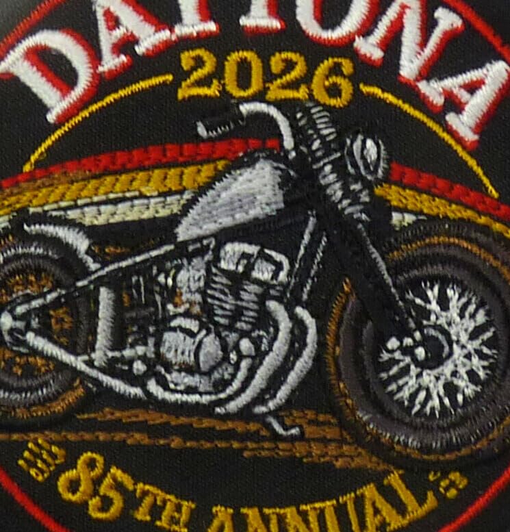 PatchStop Daytona 2026 Motorbike 85th Annual Event Embroidered Patch, Fabric, 3" Diameter (7.6cm), Art Deco Style, — detail view 2