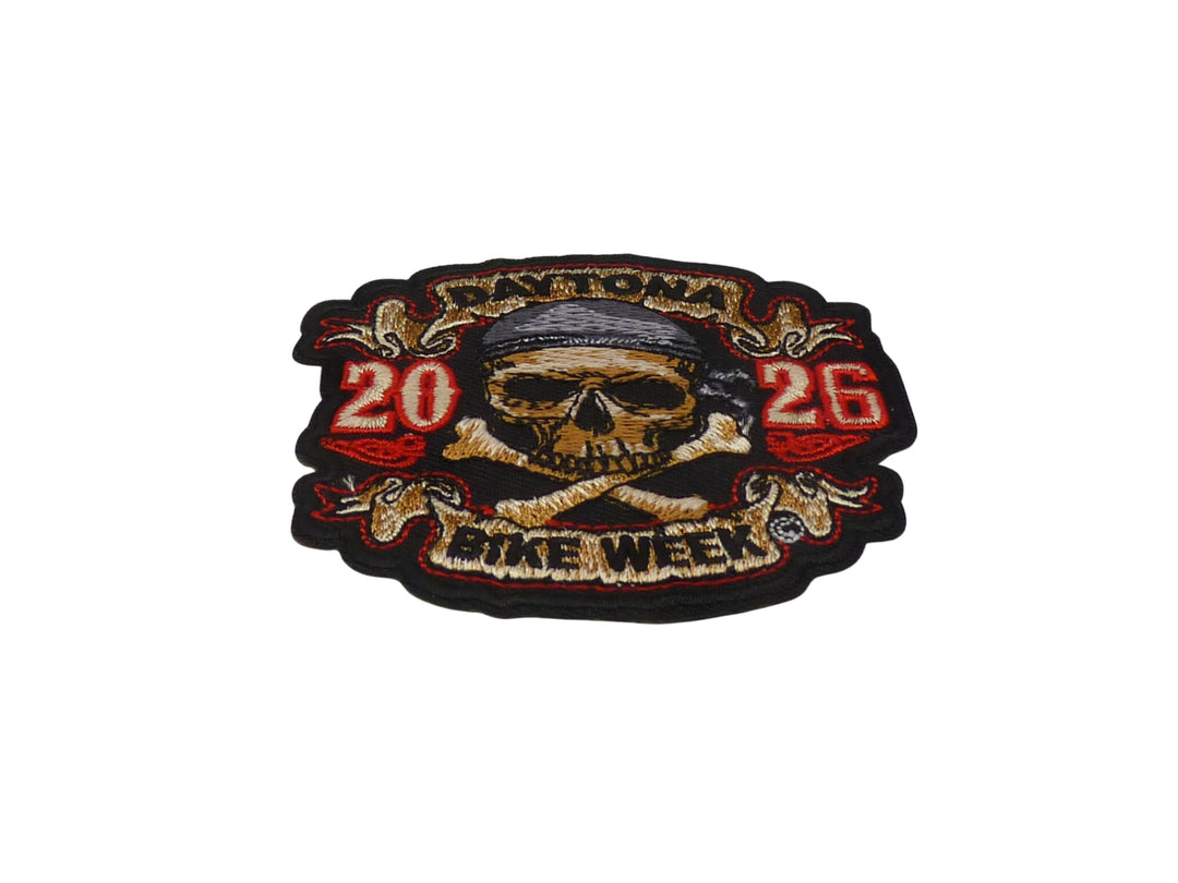 PatchStop 2026 Daytona Bike Week Skull &amp; Crossbones Pirate Event Patch, Embroidered Iron-On Motorcycle Patch, Black with Red and Gold Design — detail view 1