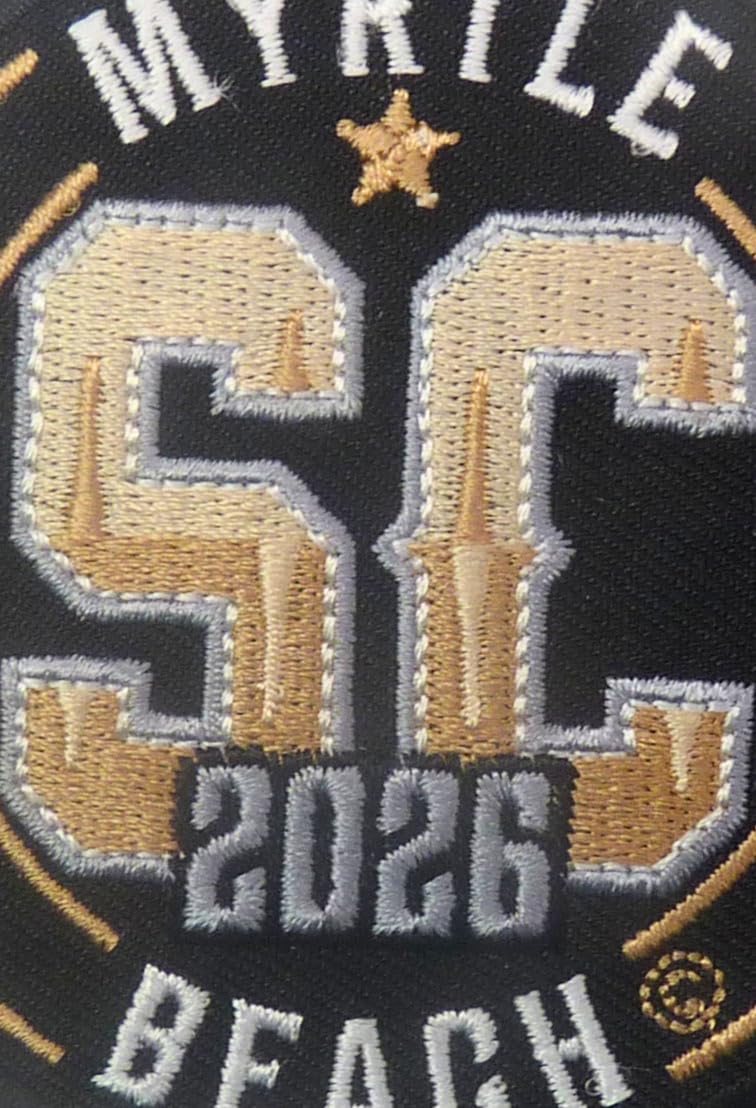 Myrtle Beach SC 2026 Embroidered Event Patch | Round Shape, Black &amp; Gold — detail view 2