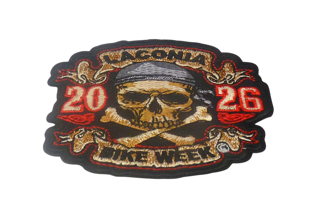 Laconia 2026 Bike Week Skull and Crossbones Embroidered Patch — detail view 1