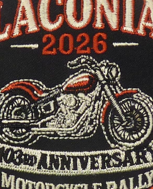 Laconia 2026 103rd Anniversary Motorcycle Rally Embroidered Patch — detail view 2