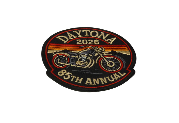 PatchStop Daytona 2026 Motorbike 85th Annual Event Embroidered Patch, Fabric, Art Deco Style, 3" Diameter (7.6cm), Yellow Red White — detail view 1