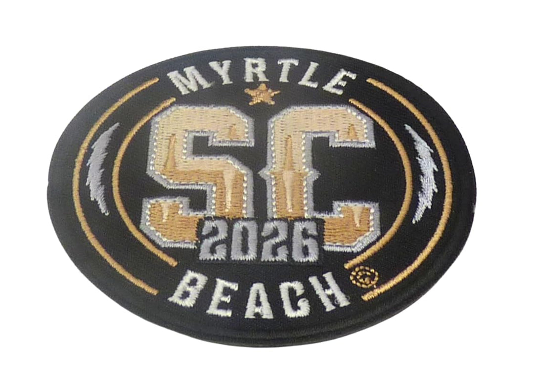 Myrtle Beach SC 2026 Embroidered Event Patch | Round Shape, Black &amp; Gold — detail view 1