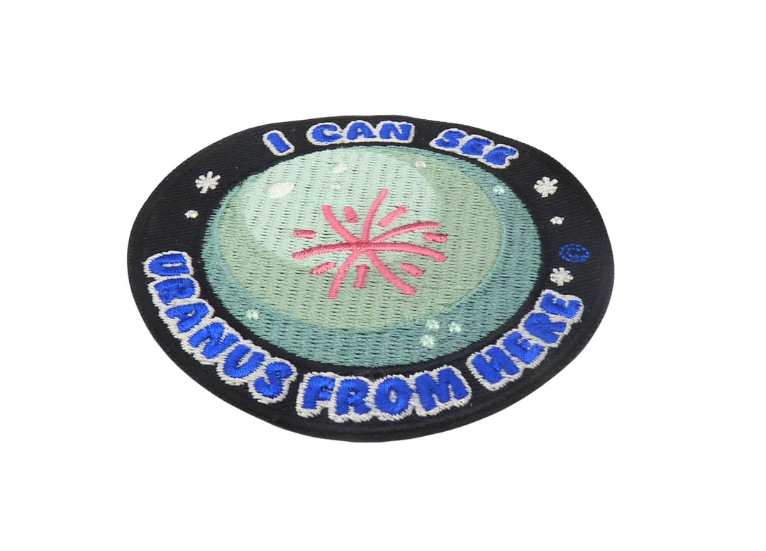 I Can See Uranus from Here Embroidered Patch, Round, Funny Space Planet Design, Iron-On Applique — detail view 1