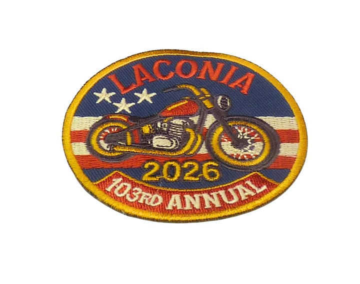 Laconia 2026 103rd Annual Motorcycle Event Embroidered Patch — detail view 1