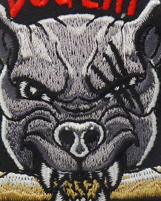 Dog Eat Dog World Embroidered Patch, Black Background, Bulldog with Crossbones — detail view 2