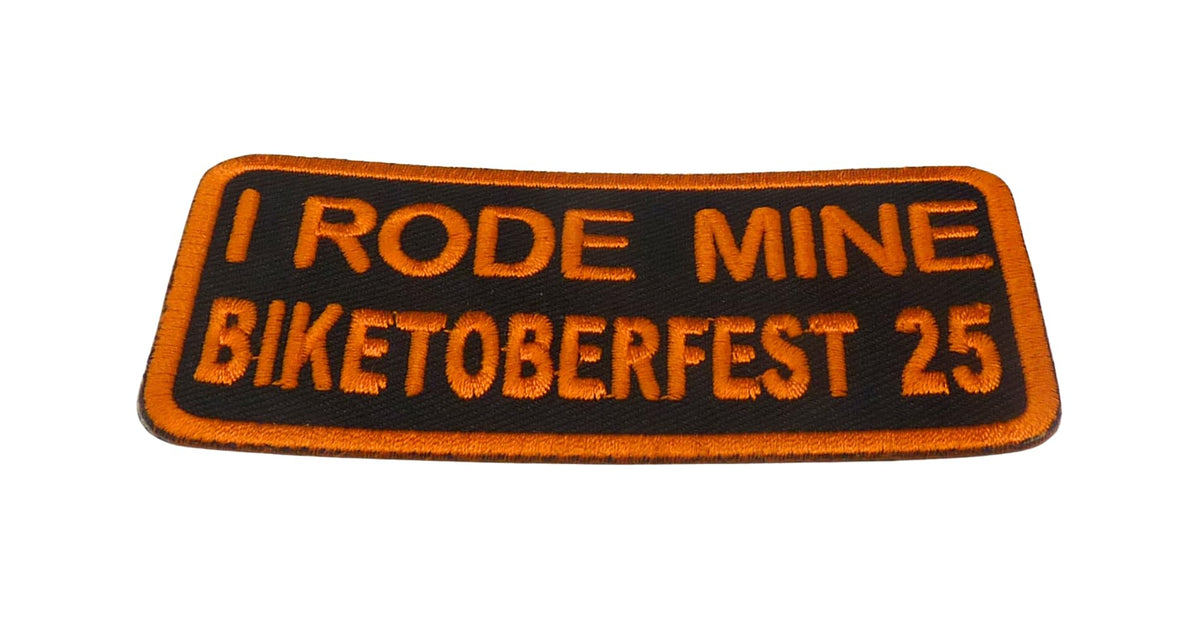 PatchStop I Rode Mine Biketoberfest 25 Embroidered Patch, Black and Orange, 3.5" x 1.75", Iron On or Sew On — detail view 1