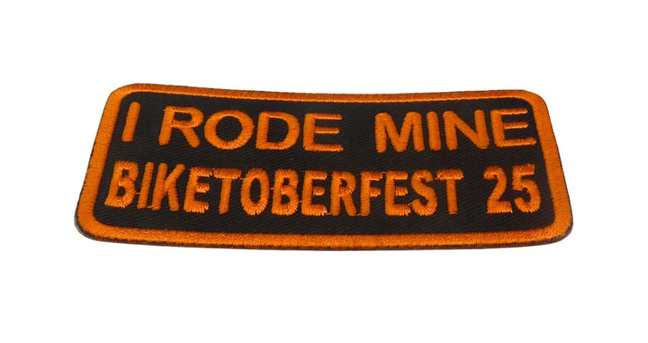 PatchStop I Rode Mine Biketoberfest 25 Embroidered Patch, Black and Orange, 3.5" x 1.75", Iron On or Sew On — detail view 1