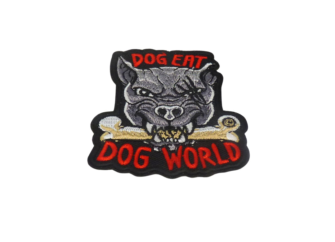 Dog Eat Dog World Embroidered Patch, Black Background, Bulldog with Crossbones — detail view 1