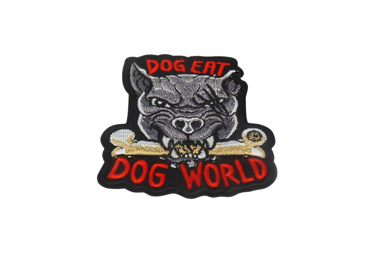 Dog Eat Dog World Embroidered Patch, Black Background, Bulldog with Crossbones — detail view 1