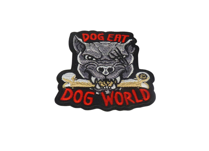Dog Eat Dog World Embroidered Patch, Black Background, Bulldog with Crossbones — detail view 1