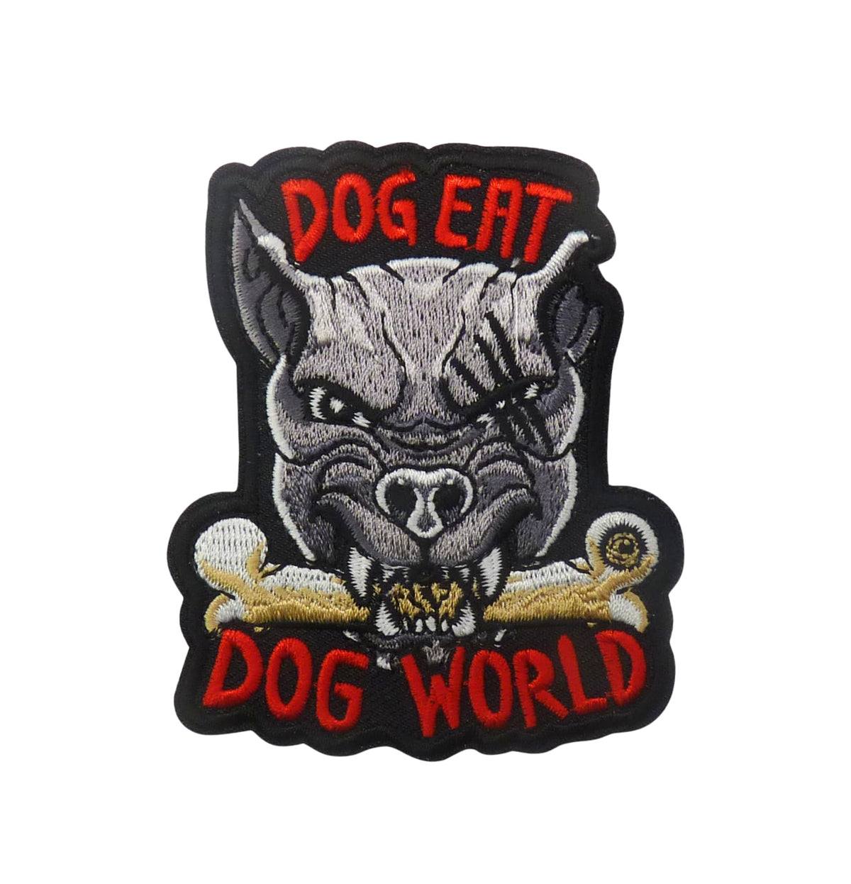Dog Eat Dog World Embroidered Patch, Black Background, Bulldog with Crossbones — product image