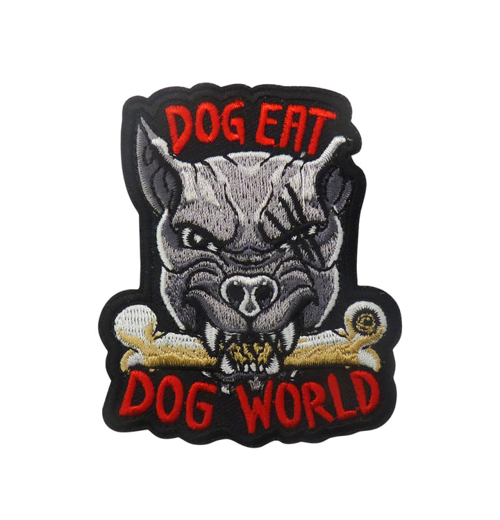 Dog Eat Dog World Embroidered Patch, Black Background, Bulldog with Crossbones — product image