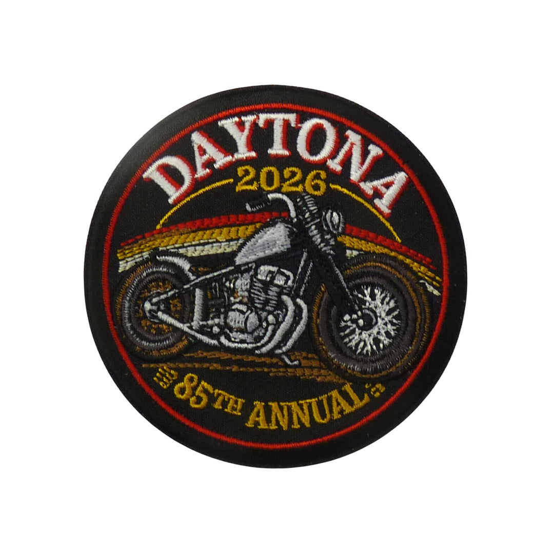 PatchStop Daytona 2026 Motorbike 85th Annual Event Embroidered Patch, Fabric, 3" Diameter (7.6cm), Art Deco Style, — product image