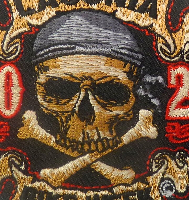 Laconia 2026 Bike Week Skull and Crossbones Embroidered Patch — detail view 2
