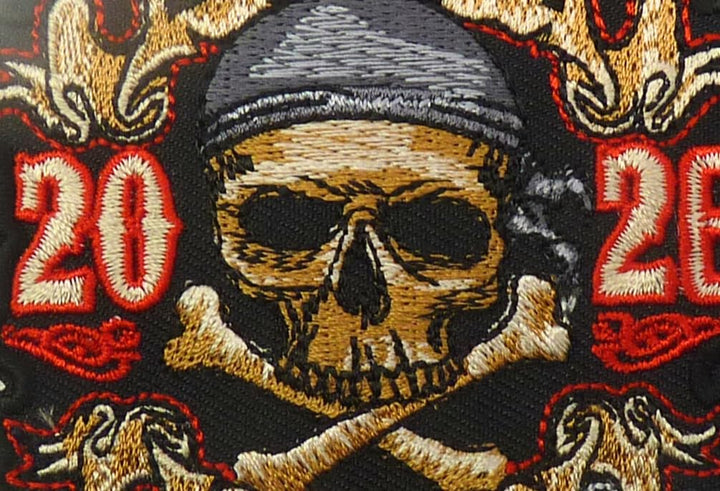 PatchStop 2026 Daytona Bike Week Skull &amp; Crossbones Pirate Event Patch, Embroidered Iron-On Motorcycle Patch, Black with Red and Gold Design — detail view 2