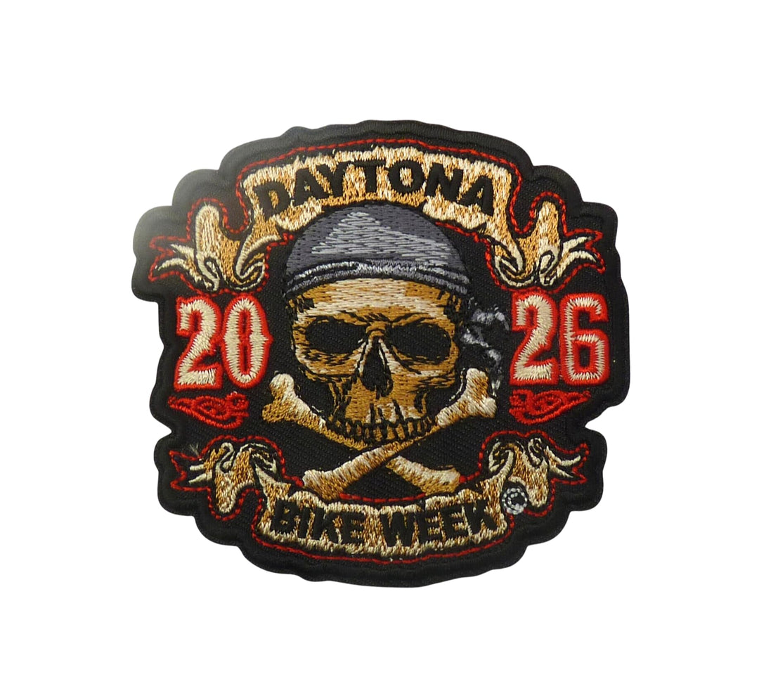 PatchStop 2026 Daytona Bike Week Skull &amp; Crossbones Pirate Event Patch, Embroidered Iron-On Motorcycle Patch, Black with Red and Gold Design — product image