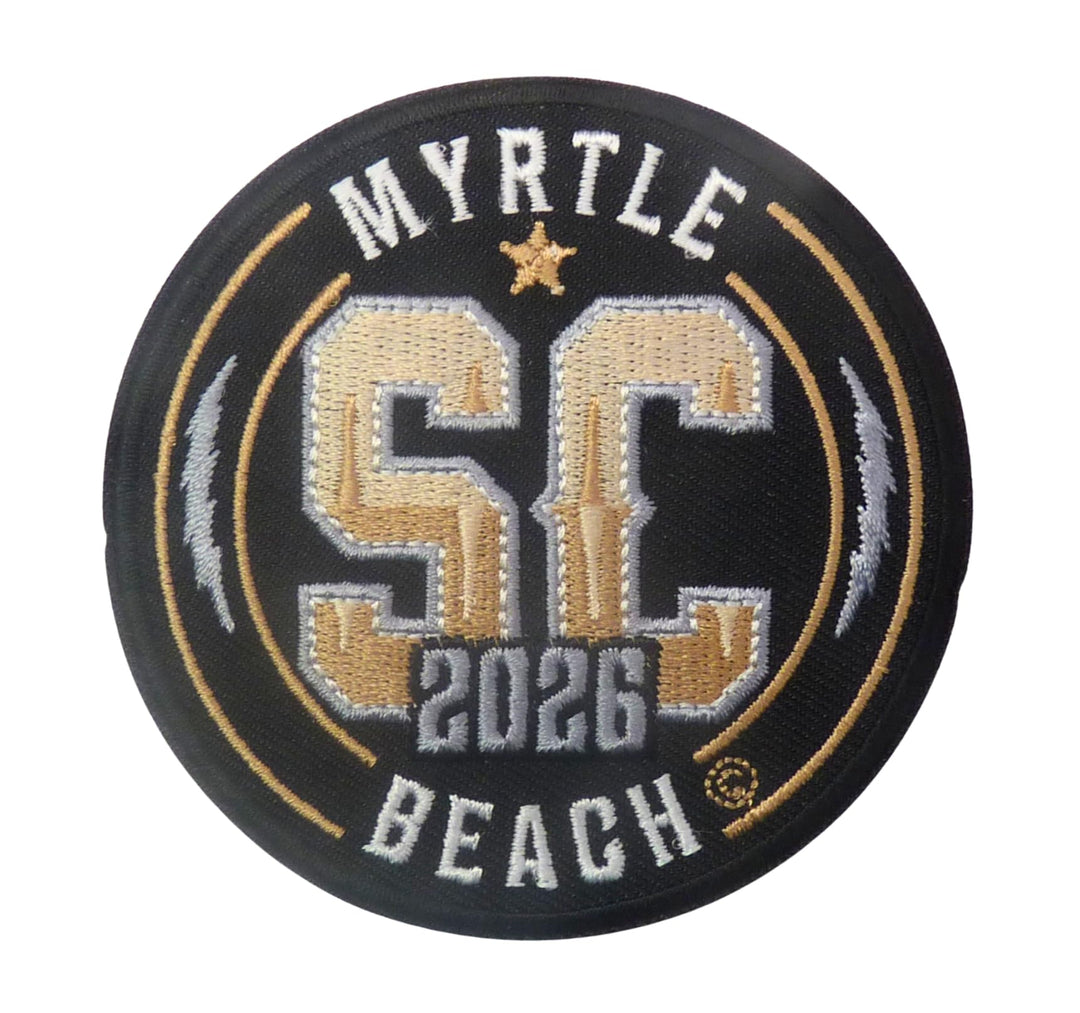 Myrtle Beach SC 2026 Embroidered Event Patch | Round Shape, Black &amp; Gold — product image