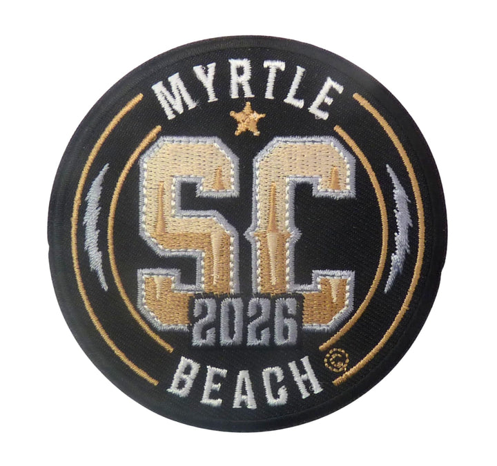 Myrtle Beach SC 2026 Embroidered Event Patch | Round Shape, Black &amp; Gold — product image