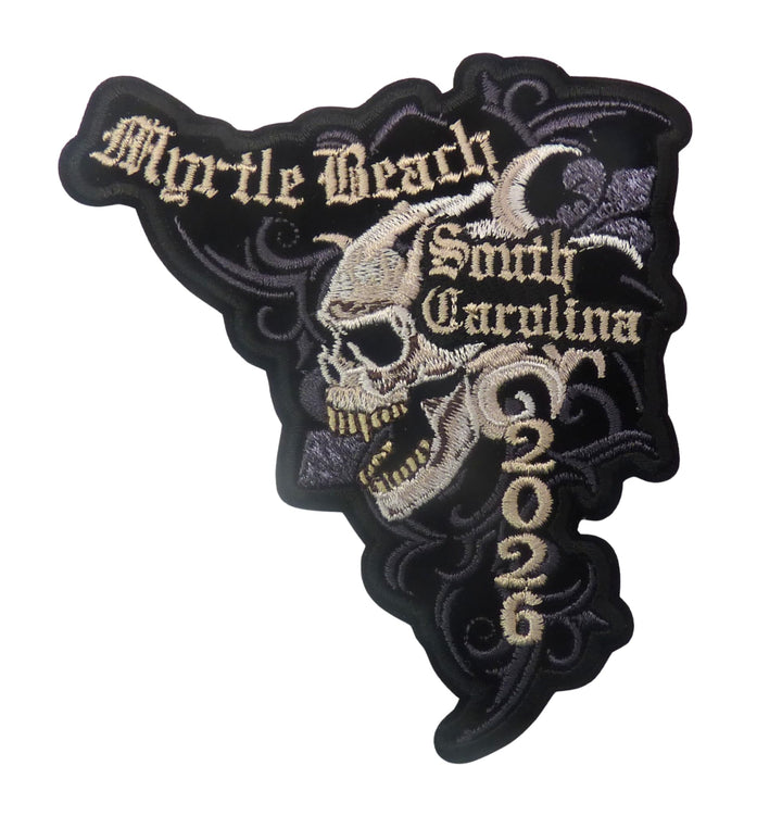 Myrtle Beach South Carolina 2026 Embroidered Event Patch | Skull Design, Biker Style, Iron-On Patch, Gothic Lettering, Souvenir Collectible — product image