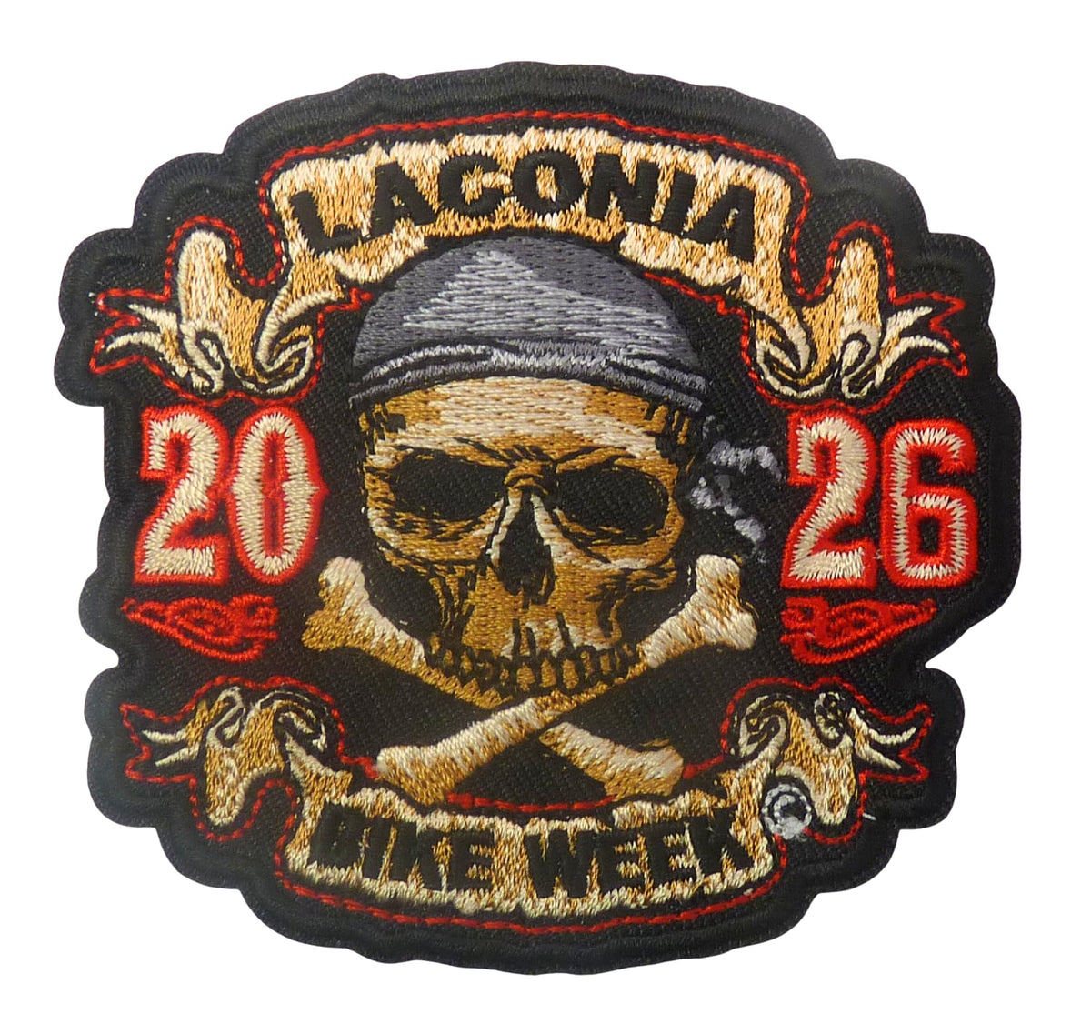 Laconia 2026 Bike Week Skull and Crossbones Embroidered Patch — product image