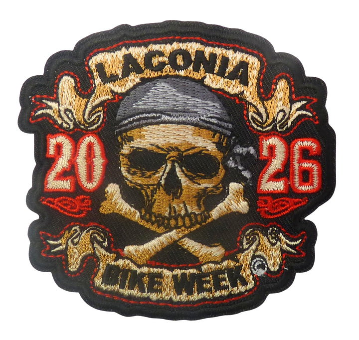 Laconia 2026 Bike Week Skull and Crossbones Embroidered Patch — product image