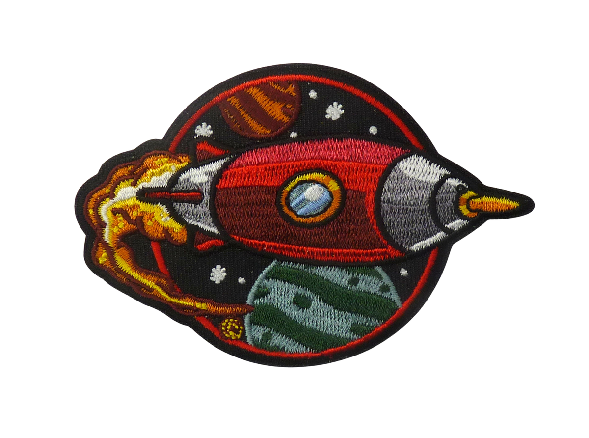 Rocket Ship Embroidered Patch, Space Theme, Planets and Stars Design — product image