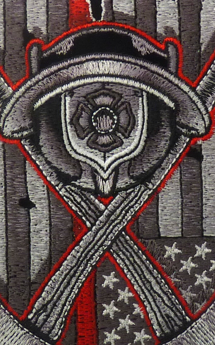 Thin Red Line Distressed American Flag Firefighter Helmet Embroidered Patch — detail view 1