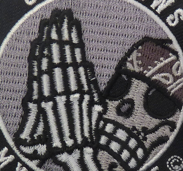 God Knows My Struggle© Embroidered Patch, Skeleton Praying Hands and Skull Design — detail view 2