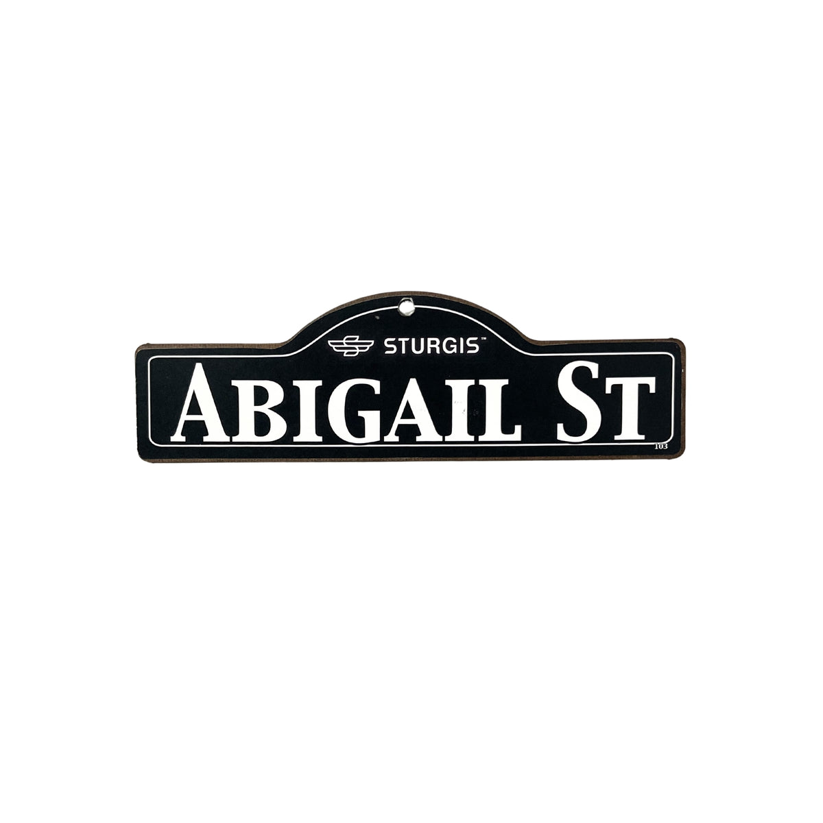 Abigail Sturgis wooden street name sign with white lettering on black