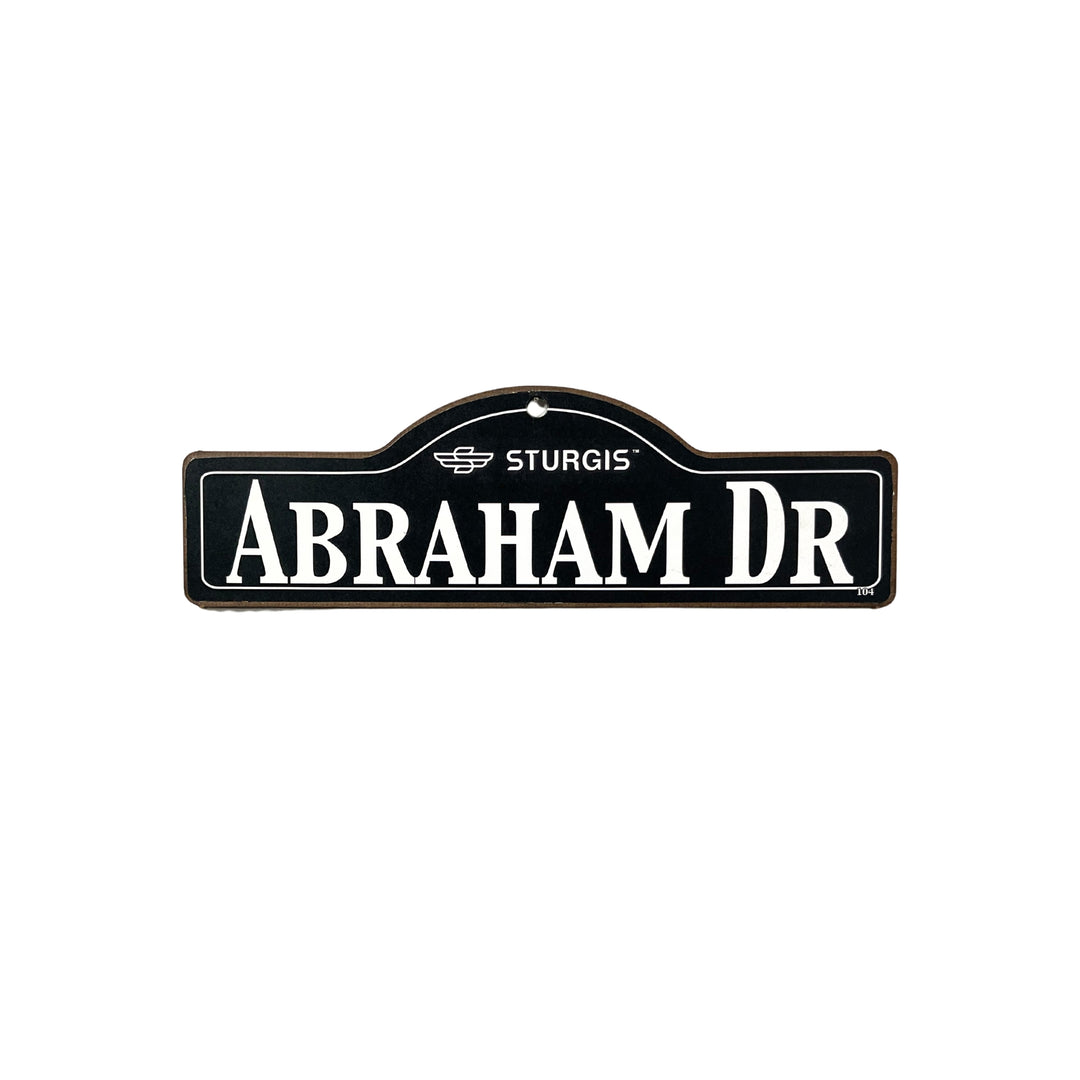 Abraham Sturgis wooden street name sign with white lettering on black