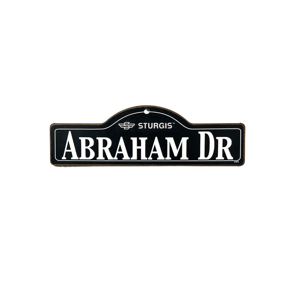 Abraham Sturgis wooden street name sign with white lettering on black