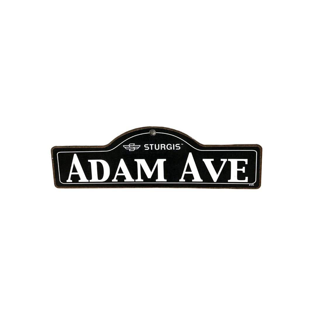 Adam Sturgis wooden street name sign with white lettering on black