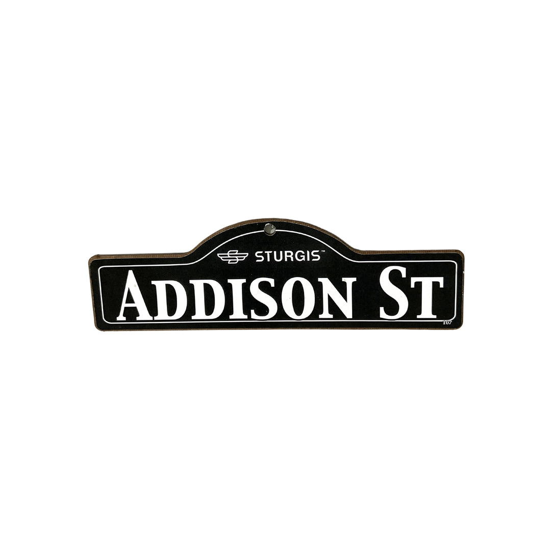 Addison Sturgis wooden street name sign with white lettering on black