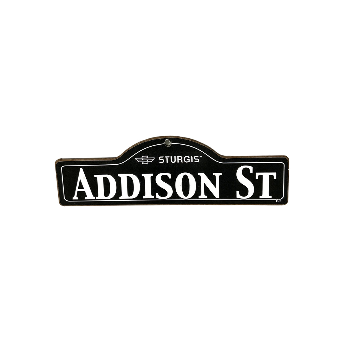 Addison Sturgis wooden street name sign with white lettering on black