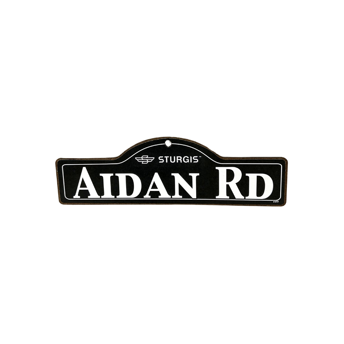 Aidan Sturgis wooden street name sign with white lettering on black
