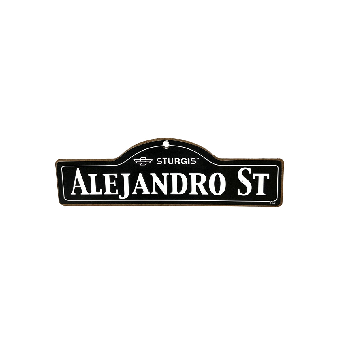 Alejandro Sturgis wooden street name sign with white lettering on black