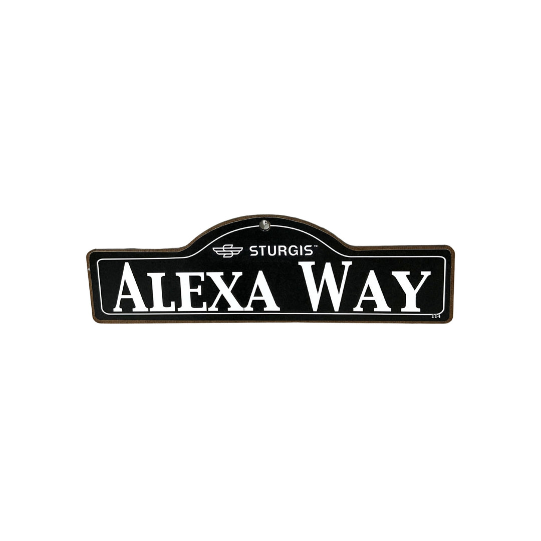 Alexa Sturgis wooden street name sign with white lettering on black