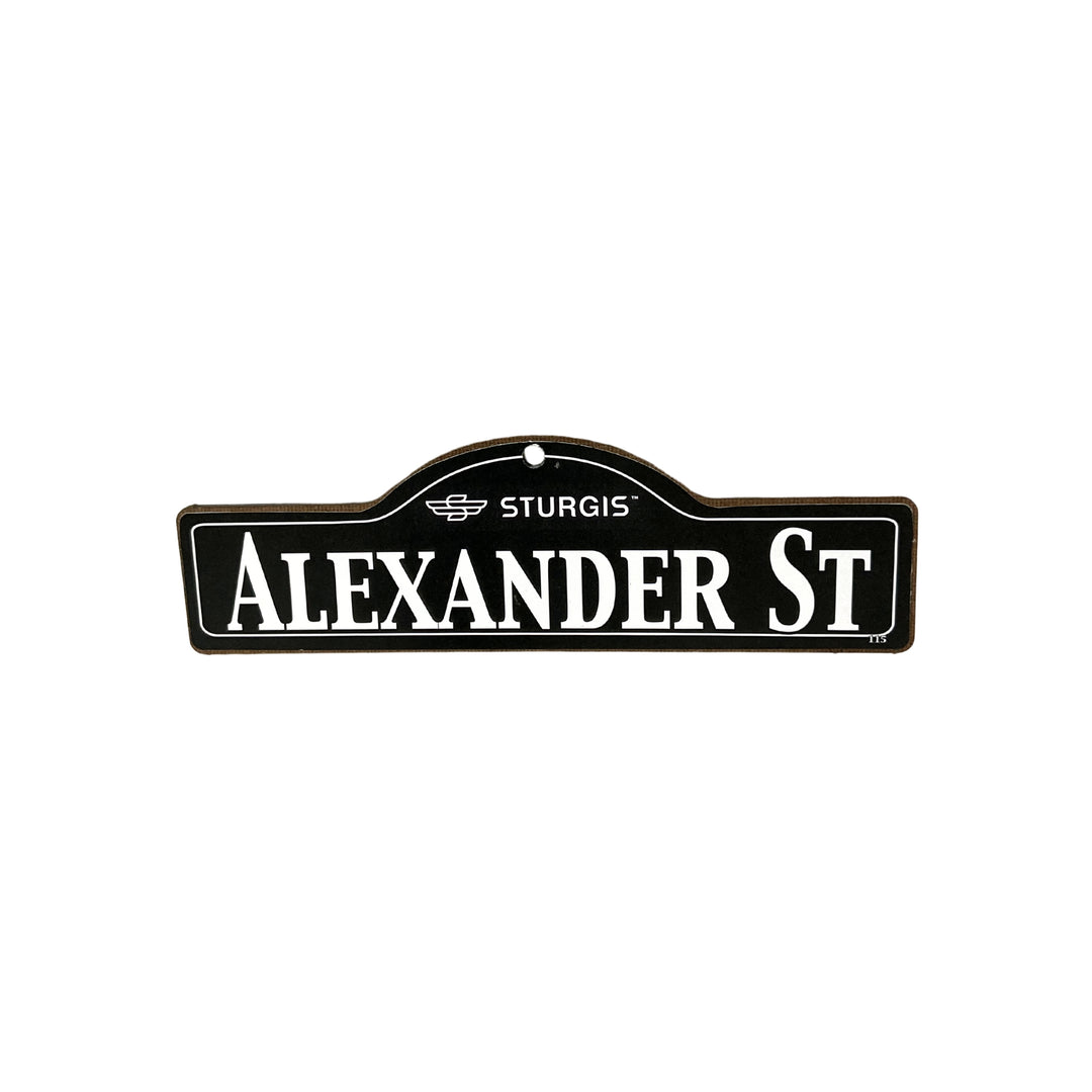Alexander Sturgis wooden street name sign with white lettering on black