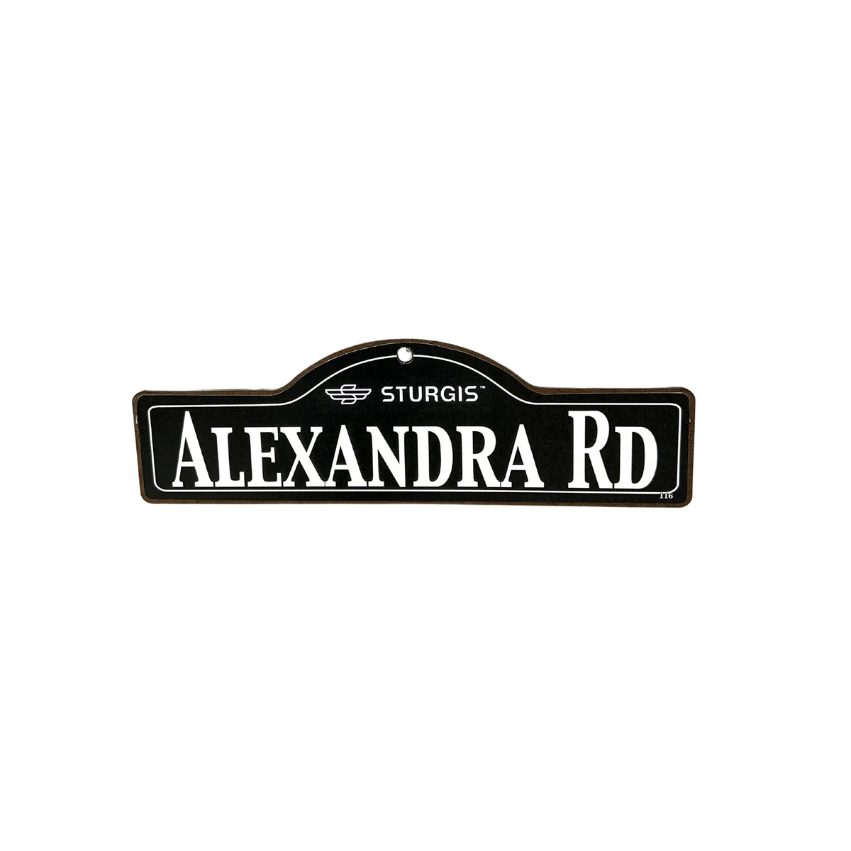 Alexandra Sturgis wooden street name sign with white lettering on black