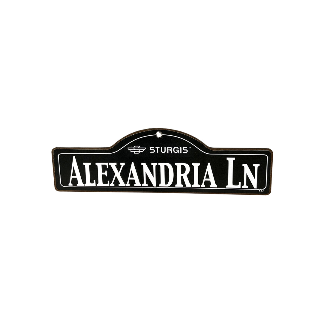 Alexandria Sturgis wooden street name sign with white lettering on black