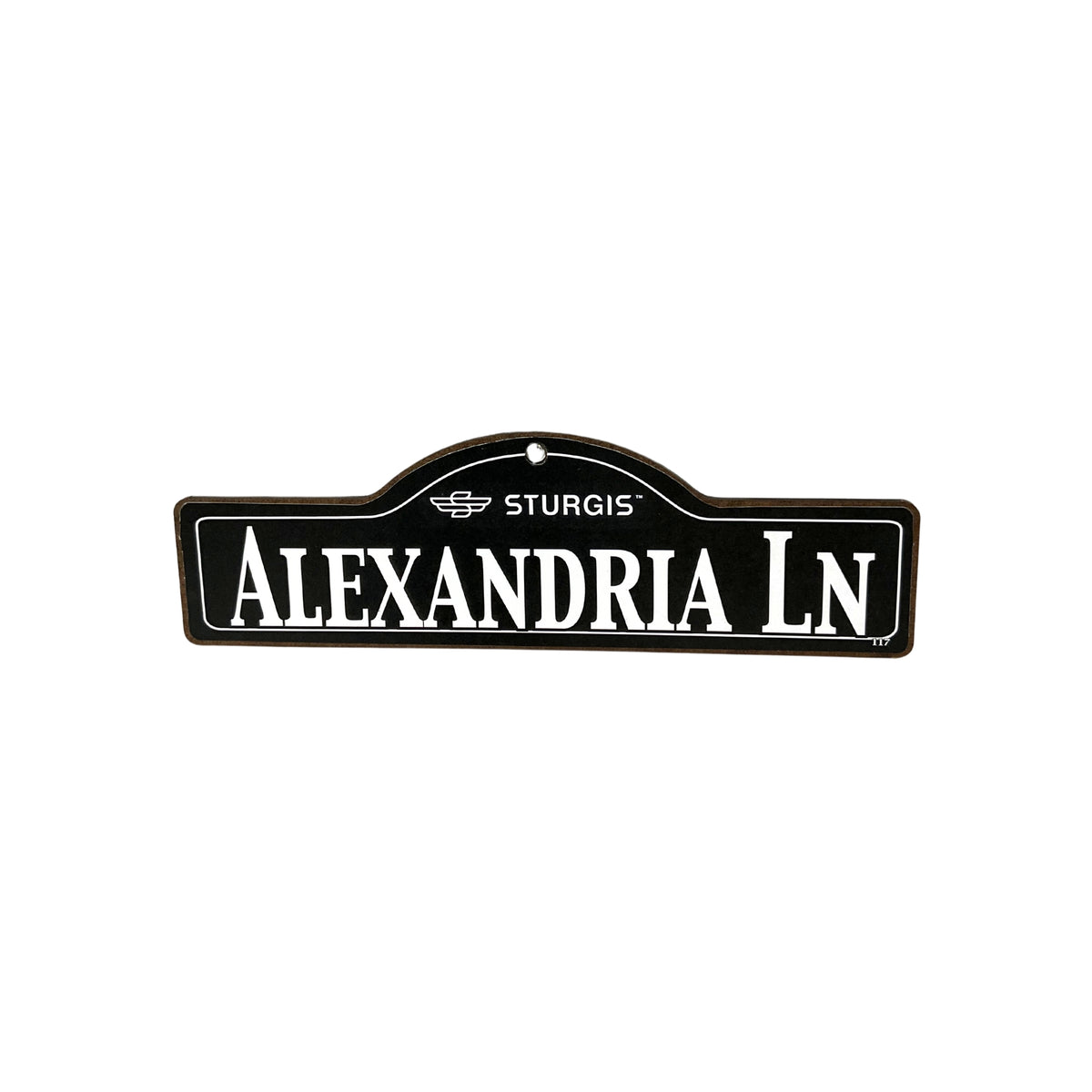 Alexandria Sturgis wooden street name sign with white lettering on black