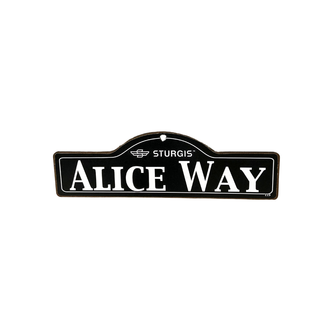 Alice Sturgis wooden street name sign with white lettering on black