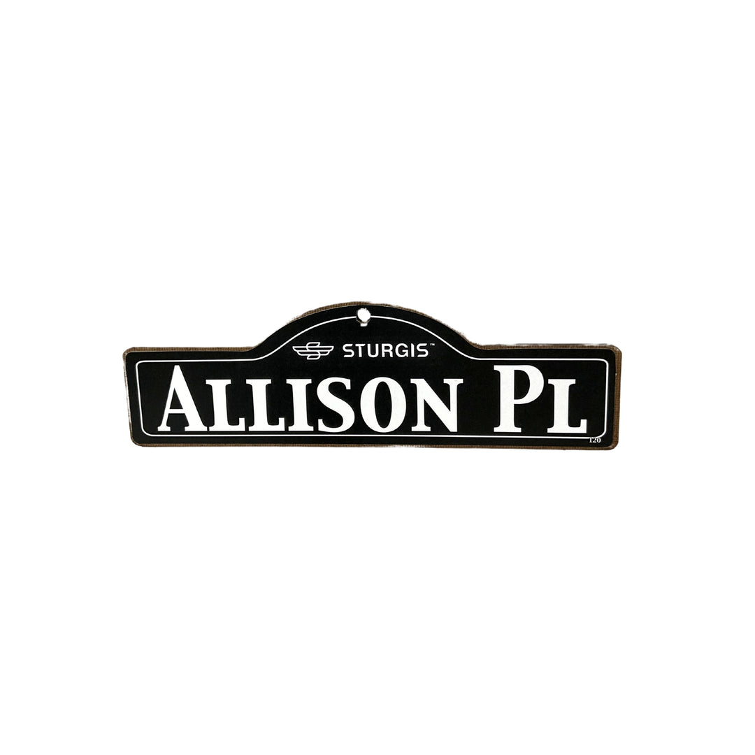 Allison Sturgis wooden street name sign with white lettering on black