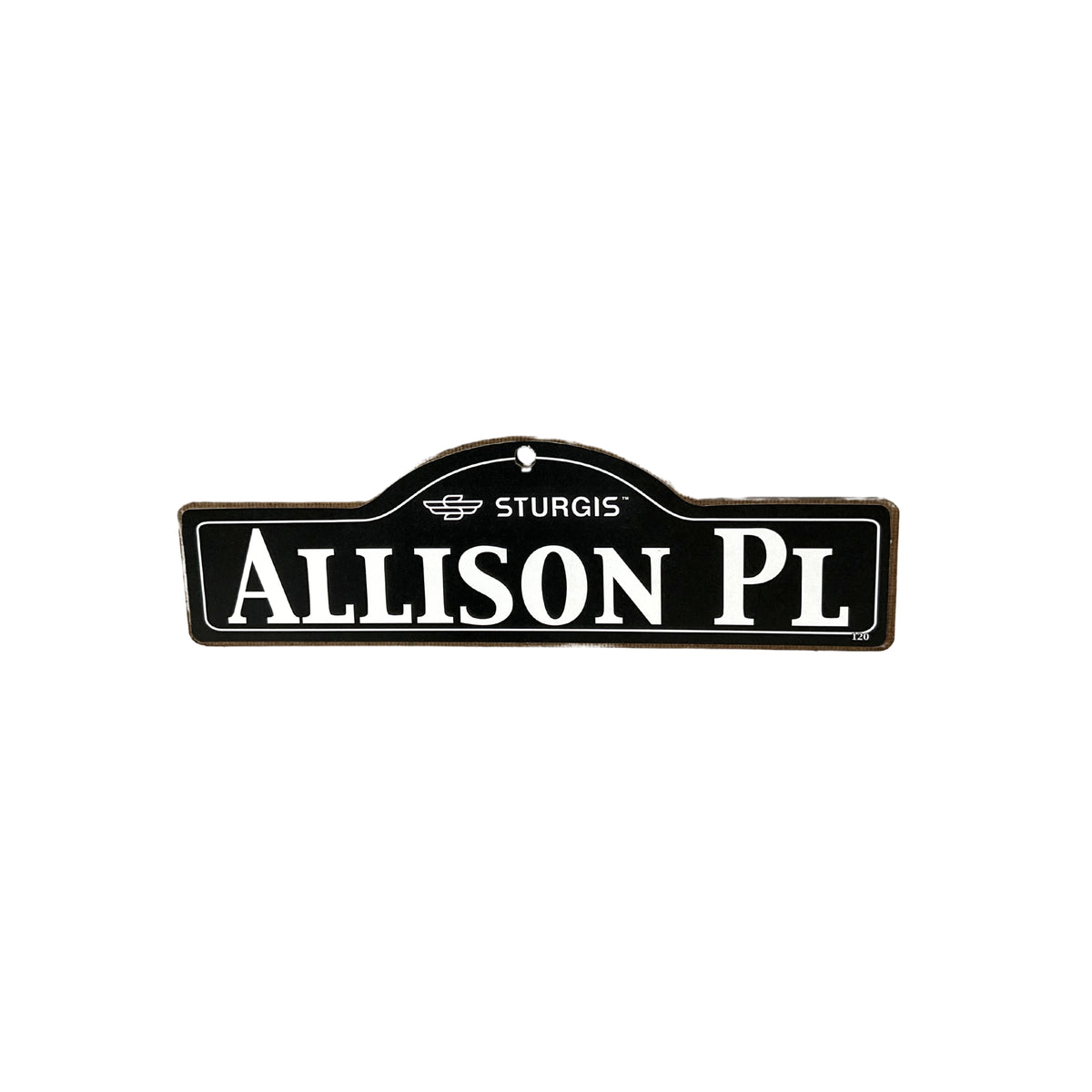 Allison Sturgis wooden street name sign with white lettering on black