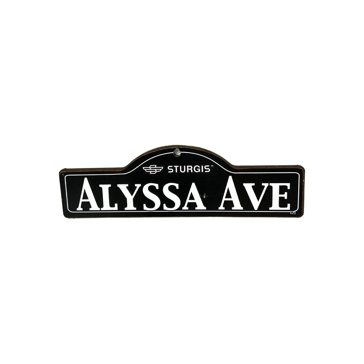 Alyssa Sturgis wooden street name sign with white lettering on black