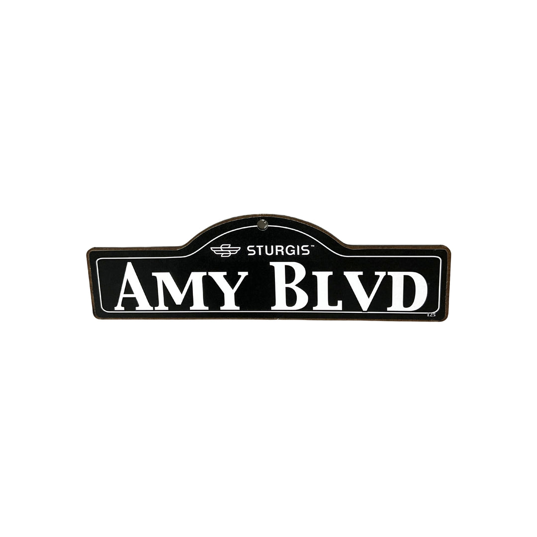 Amy Sturgis wooden street name sign with white lettering on black