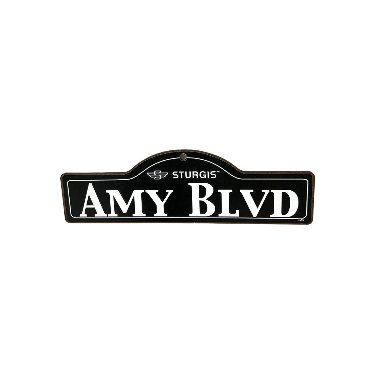 Amy Sturgis wooden street name sign with white lettering on black